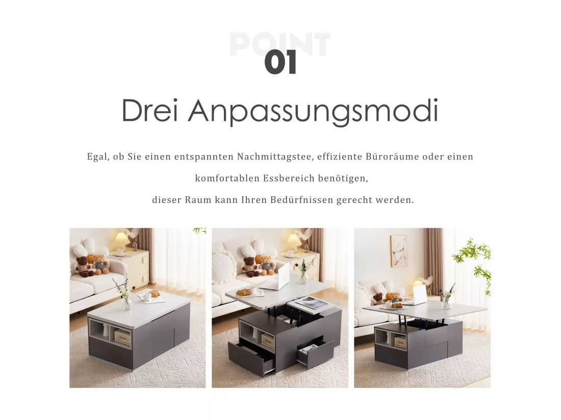 Table basse relevable 2 plateaux 3 tiroirs blanc et gris foncé SCODS