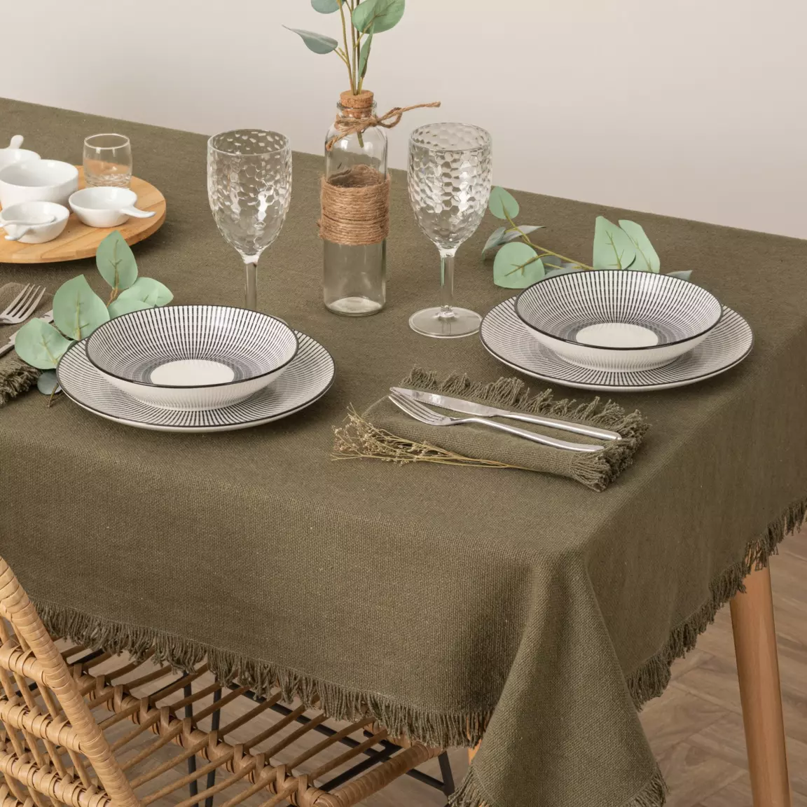 Nappe rectangulaire coton (L250 cm) Maha Vert kaki