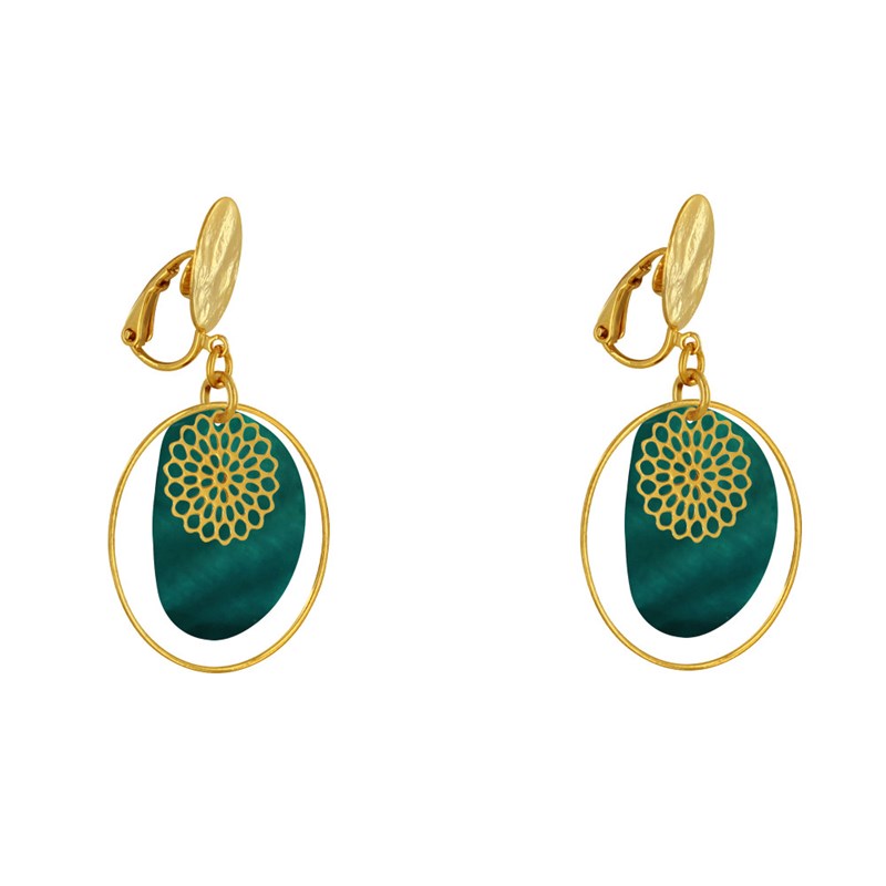 Boucles d'Oreilles Clip Métal Doré Cercle et Pastille de Nacre