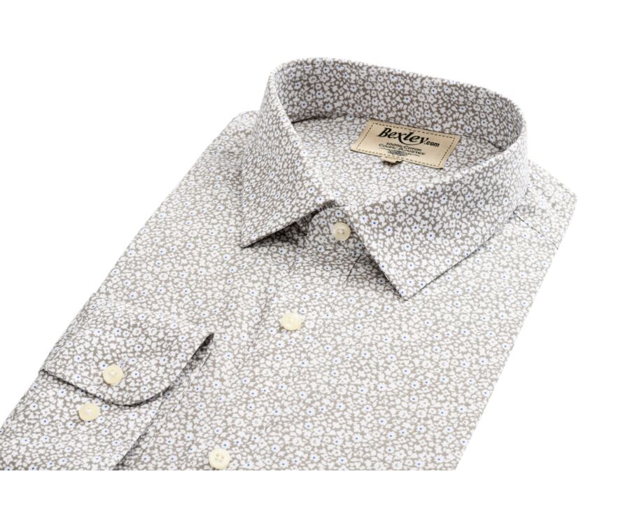 Chemise coton taupe imprimée motifs blancs et bleus - EDALBERT