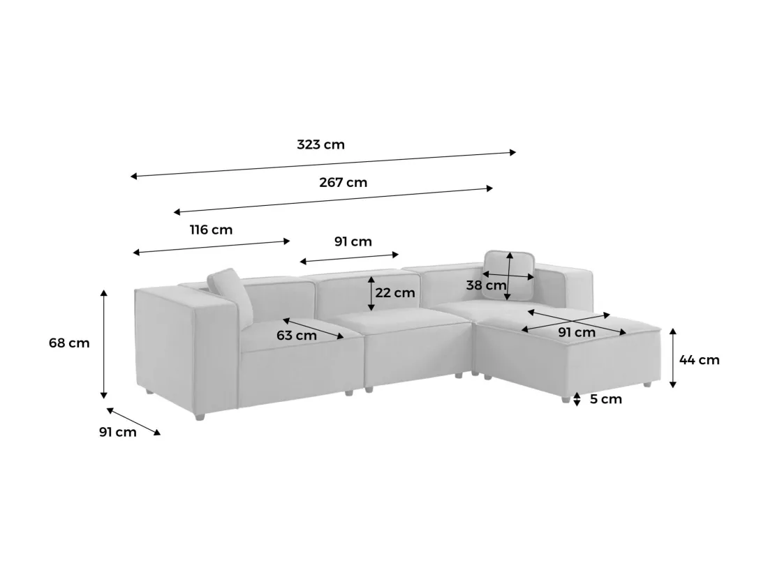 Canapé modulable tissu gris 3-4 places déperlant. 2 corners + 1 assise + 1 pouf