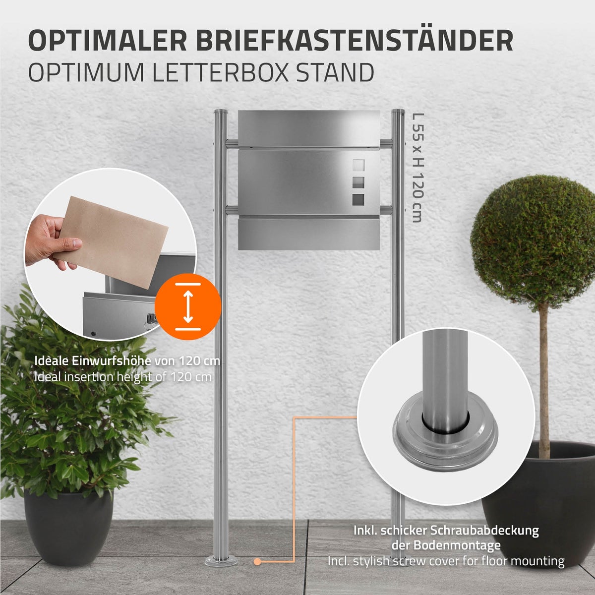 ML-Design brievenbusstandaard van roestvrij staal, zilver metallic, totale hoogte 120 cm, rond, vrijstaand, schroefbare brievenbuspaal, brievenbusstandaard/montagebeugel voor wandbrievenbussen