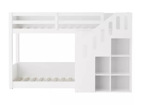 Lit superposé pour enfant - 2x90x200 cm - avec casier d'escalier et garde-corps - Blanc (sans matelas)