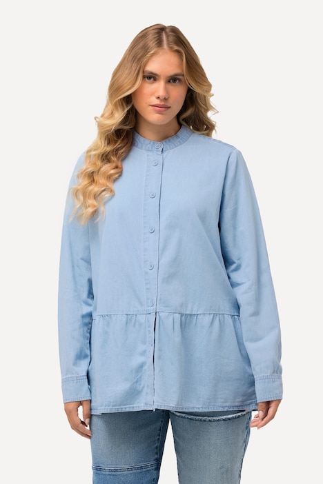 Jeansbluse, Volantsaum, A-Linie, Stehkragen, Langarm