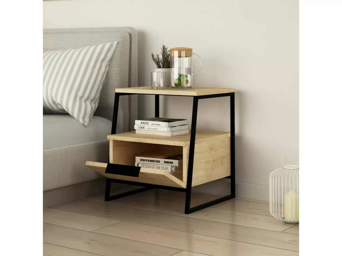 Chevet Dubhe, Commode basse, Table de nuit, Étagère de chevet, 45x40h50 cm, Chêne