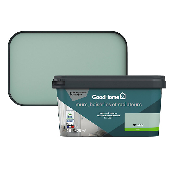 Peinture intérieure couleur murs, boiseries et radiateurs GoodHome Artane satin vert 2,5L