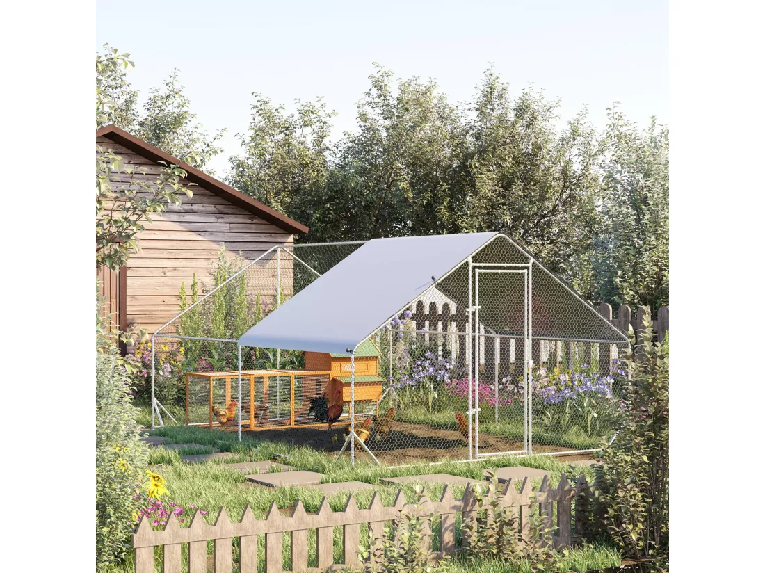Enclos poulailler chenil 12 m² - parc grillagé dim. 4L x 3l x 2H m - espace couvert - acier galvanisé