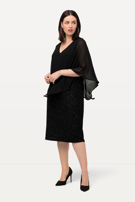 Kleid, doppellagig, Chiffon-Cape, V-Ausschnitt, 3/4-Arm