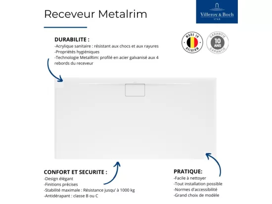 Receveur 100 x 90 x 4,8 VILLEROY ET BOCH Architectura Metalrim acrylique rectangle blanc