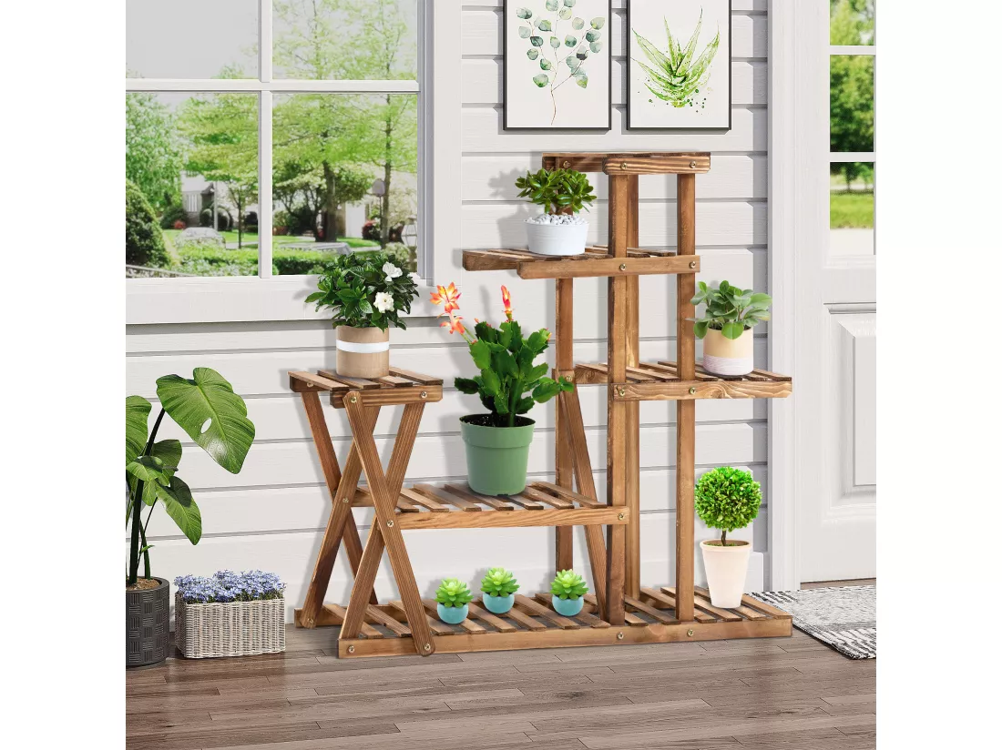 Étagère à fleurs en bois - porte plante bois 6 tablettes - dim. 98L x 28l x 95H cm - bois de sapin traité carbonisation