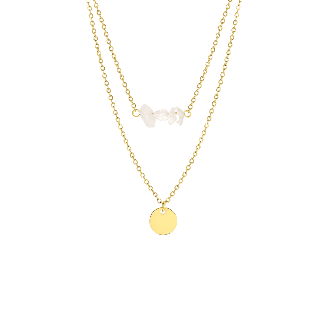 Stalen goldplated ketting met muntje en rozenkwart