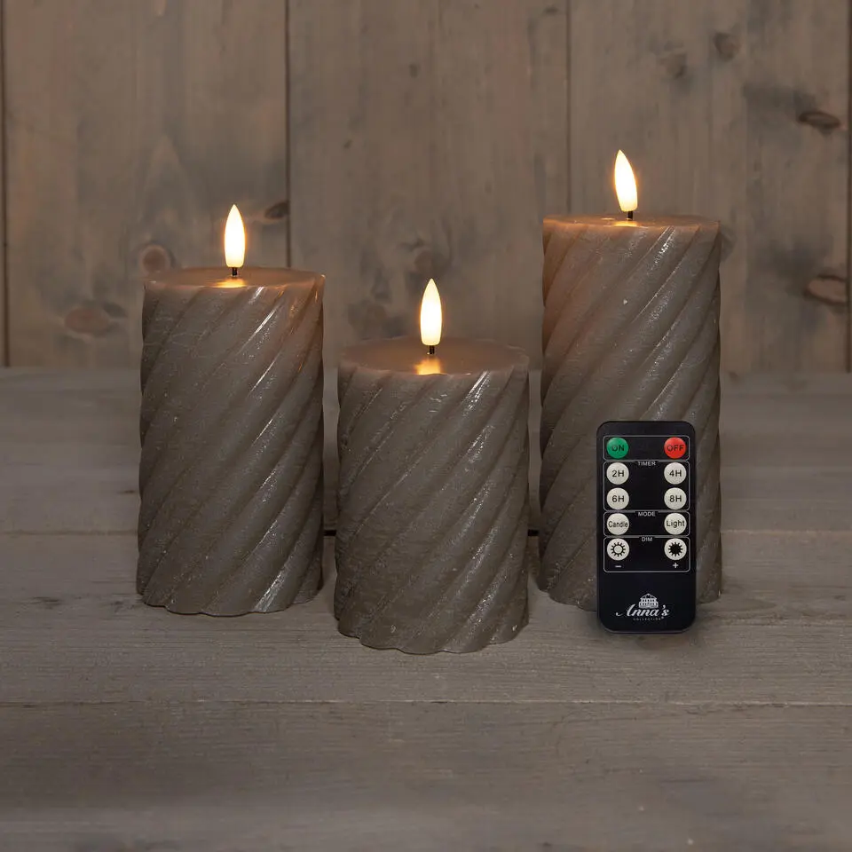 Anna Collection LED kaarsen - 3x - taupe grijs -swirl