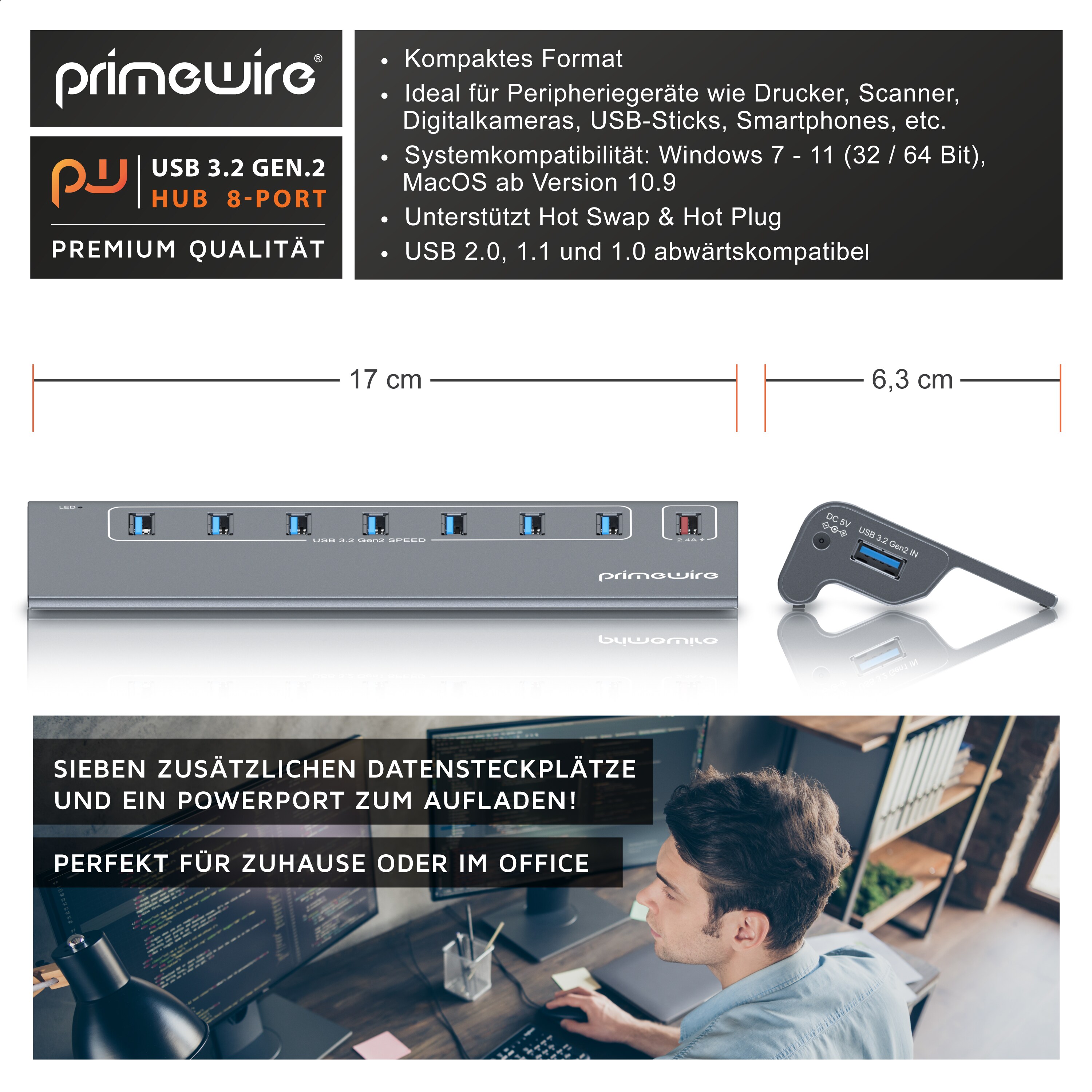 Primewire 8 Port USB 3.2 Gen.1 Port Hub - 8 x USB 3.2 Gen1, Davon 1x USB Ladeport smart Charge - 8 Port Verteiler mit Netzteil - Alugehäuse - für PC