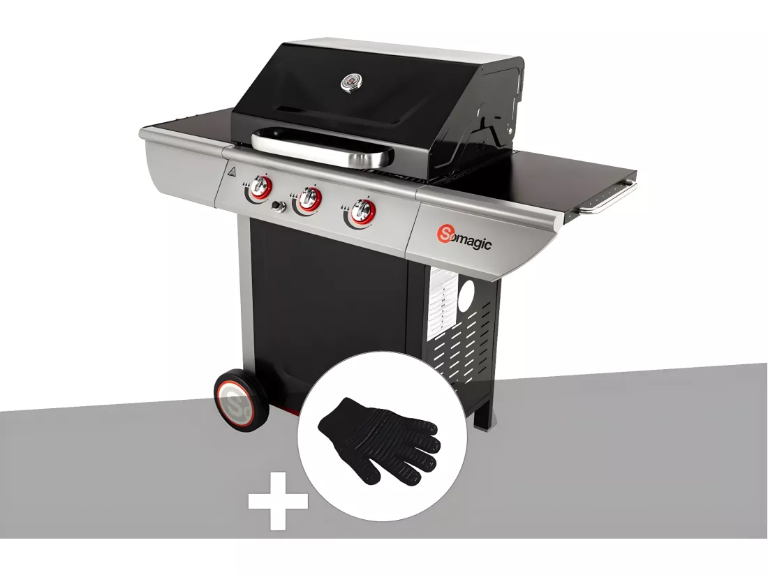 Barbecue à gaz avec chariot 3 brûleurs Manhattan 300S - Somagic + Gant de protection