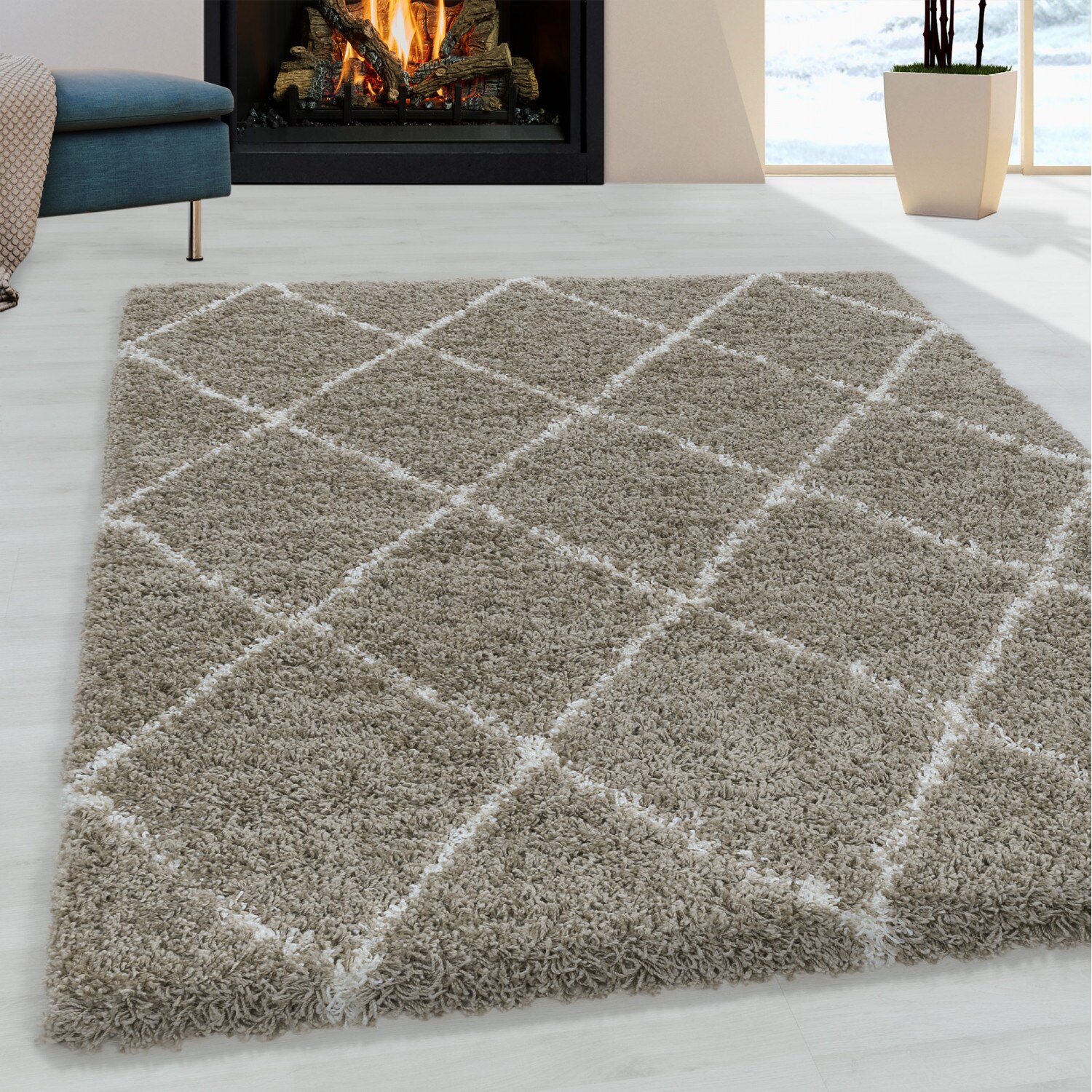 Moderner Hochflor Teppich, Skandinavischer Stil mit Rautenmuster, Shaggy Teppich