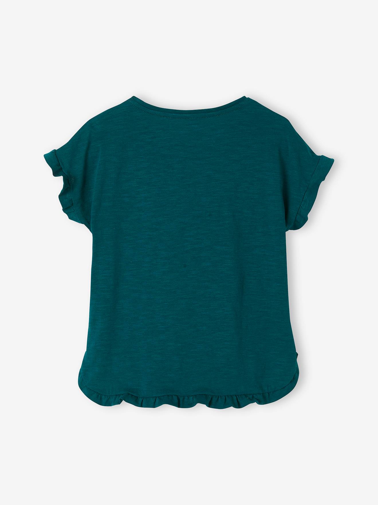 Camiseta com babados e aplicações de lantejoulas, para menina, na cor rosa antigo.