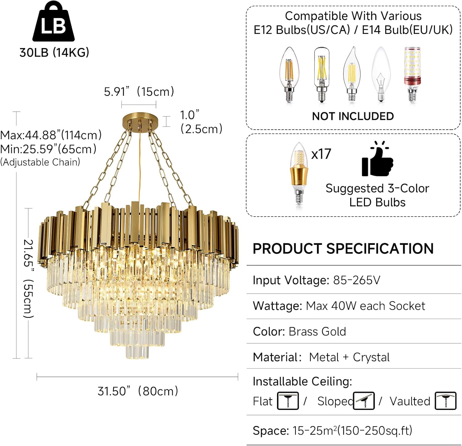 Modern Crystal Chandelier Gold Pendant Light Fixtures, Round Crystal Pendant Lighting for Living Room, Dining Room, Bedroom, Restaurant, E14 x 12, Φ80cm