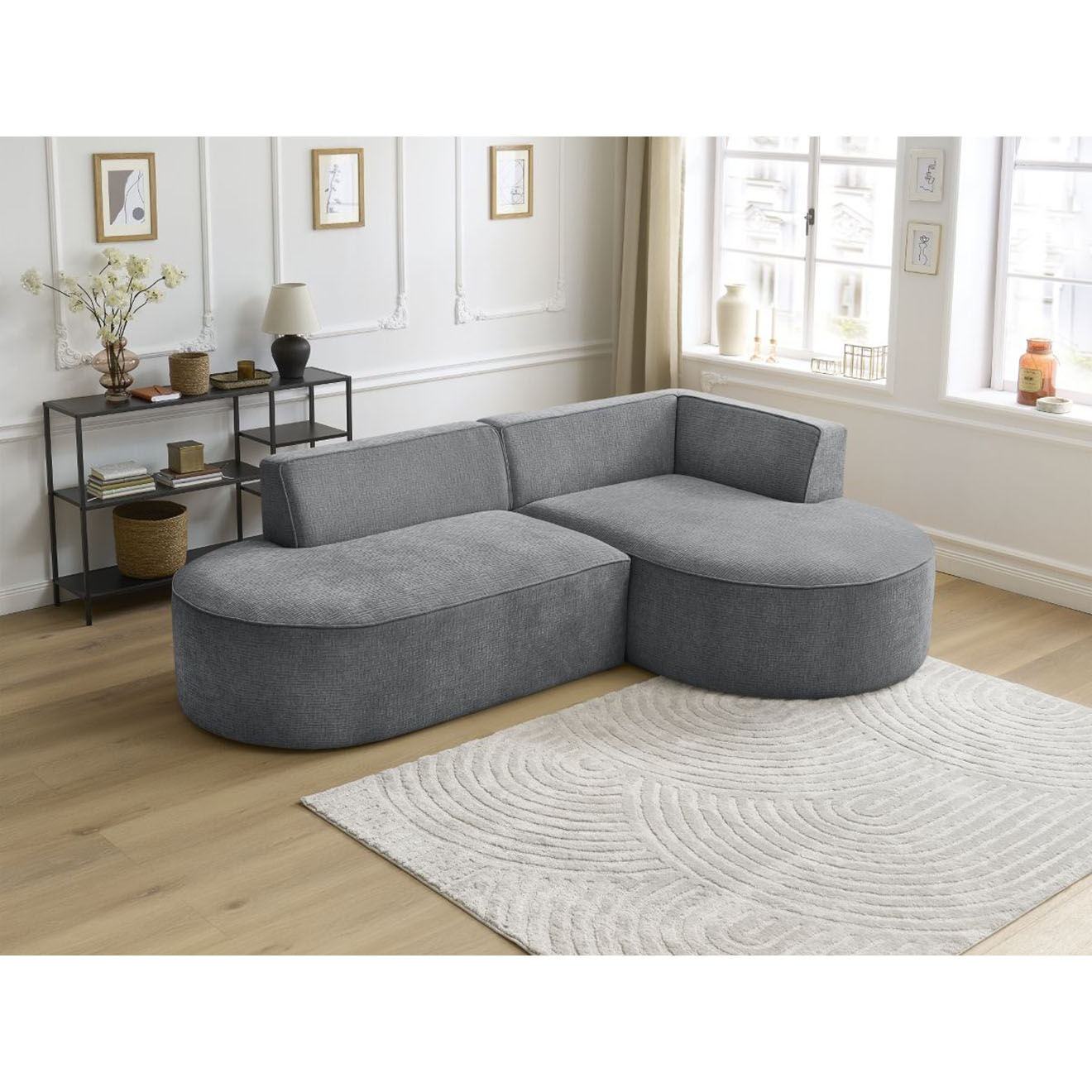 Bobochic Canapé d'angle droit fixe 4 places Rousseau texturé gris foncé - 250x160x72 cm