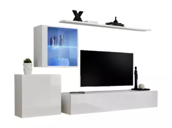Ensemble meuble salon mural SWITCH XV design, coloris blanc brillant.
