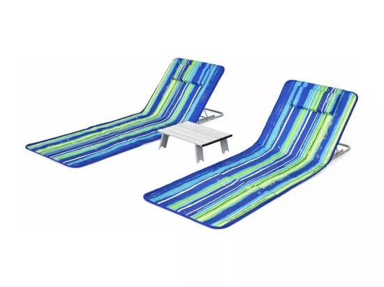 Ensemble de Tapis de Plage Pliables 2 pcs avec Table d’Appoint, Matelas de Plage avec Hauteur Réglable 27-47cm, Coloré