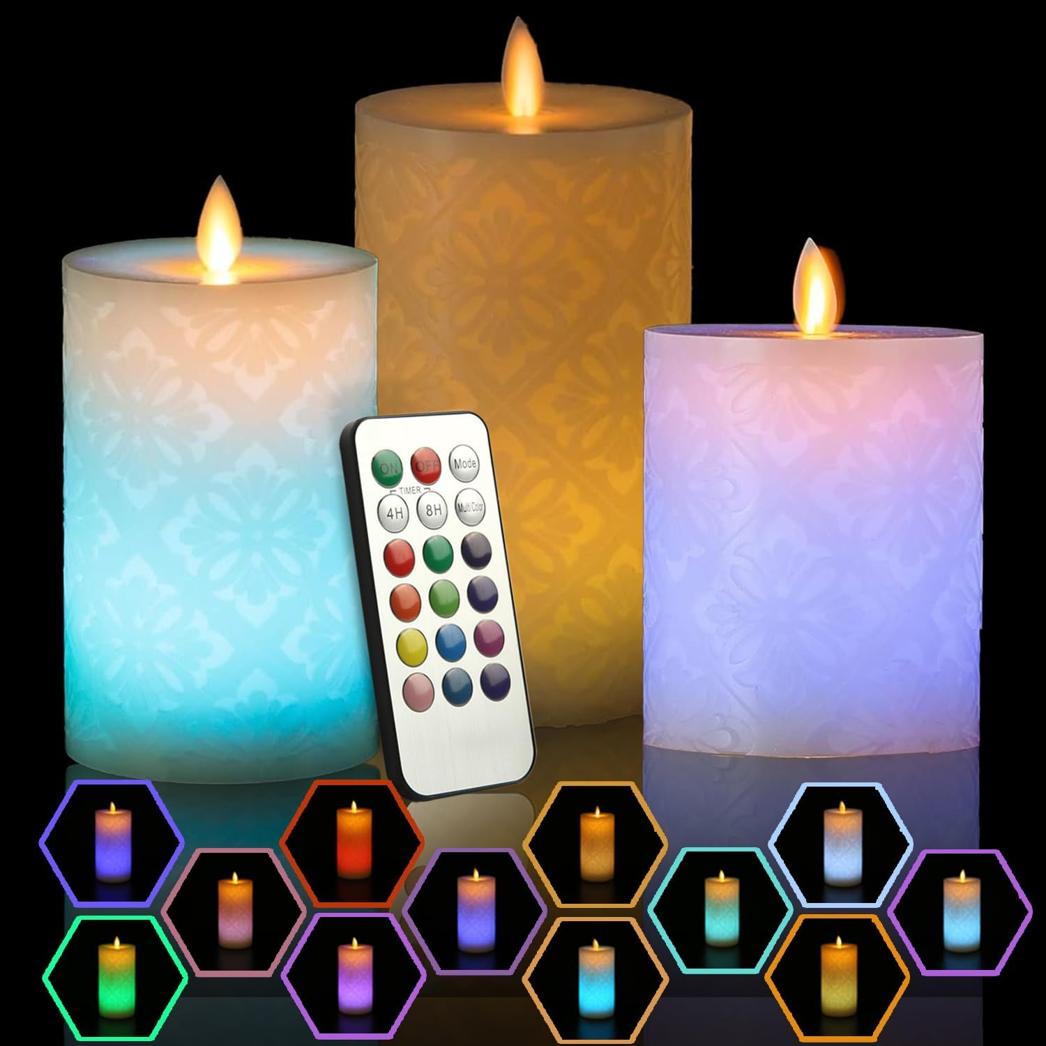 (3er Set) Echtwachs LED Kerze Home Deko Stimmungsleuchte im Blumen Design inkl. Fernbedienung (Batteriebetrieben) - Bunt