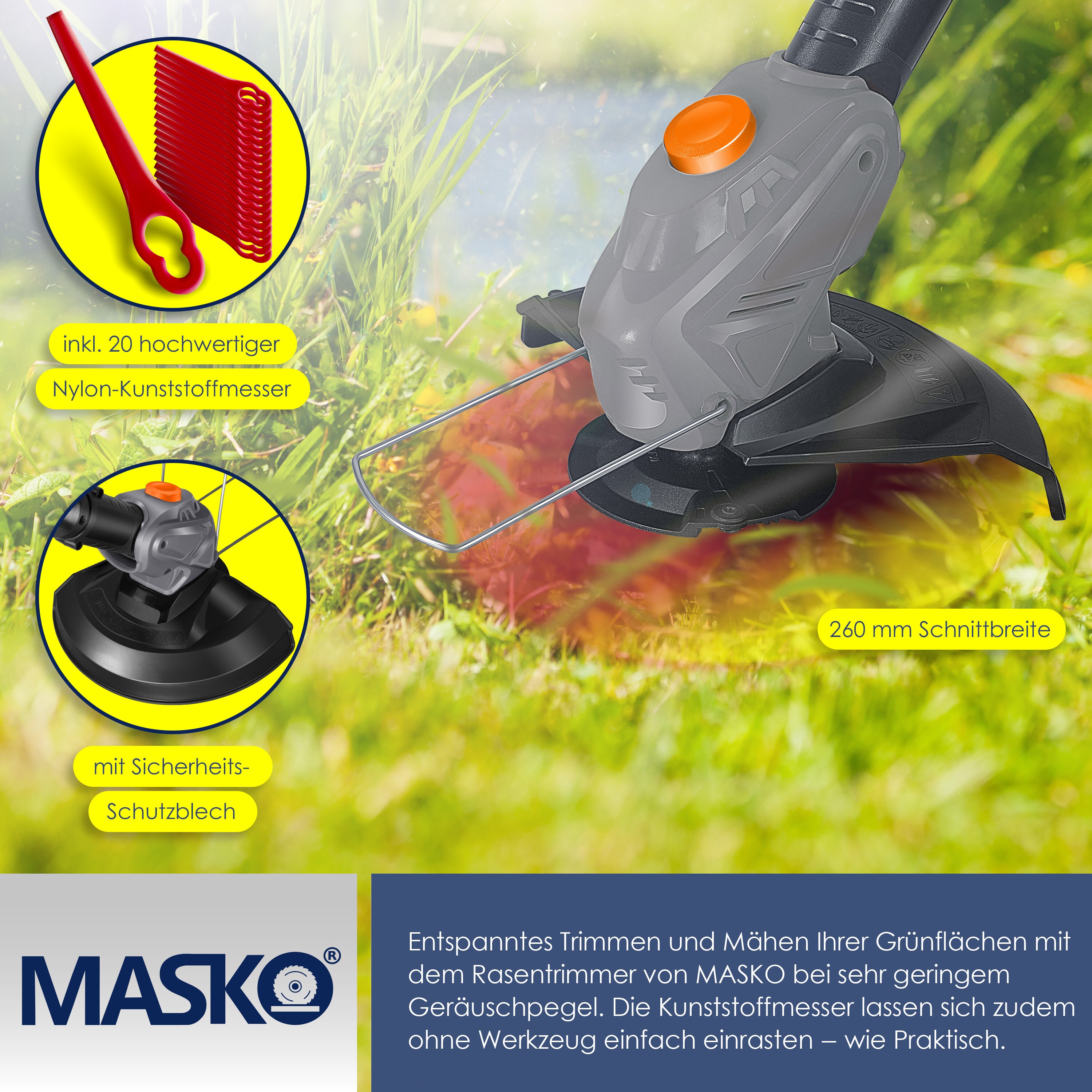 MASKO® Akku-Rasentrimmer mit 20 V Li-Akku, 2,0 Ah Akku und Ladegerät, Motorsense 26 cm Schnittkreis, 180° Trimmwinkel, Teleskop-Stiel & Zusatzhandgriff, inkl. 20 Messer Kunststoffklinge