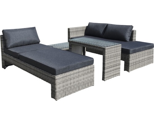 Garden Place Chicago 4-persoons tuinmeubelset, 4-delig, inclusief 2 bijzettafels (89 x 56 x 30 cm en 99 x 41 x 56 cm), grijs polyrotan, inclusief zitkussens