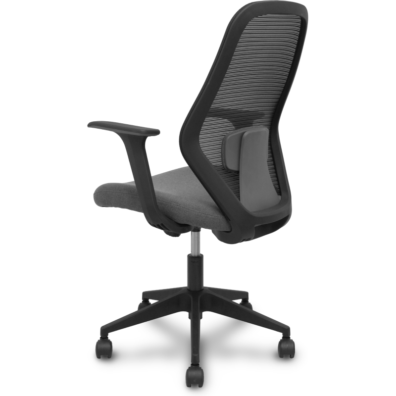 Chaise de bureau- Ergo529, dossier en maille noire, assise en tissu gris, piètement pyramidal, roulettes en nylon