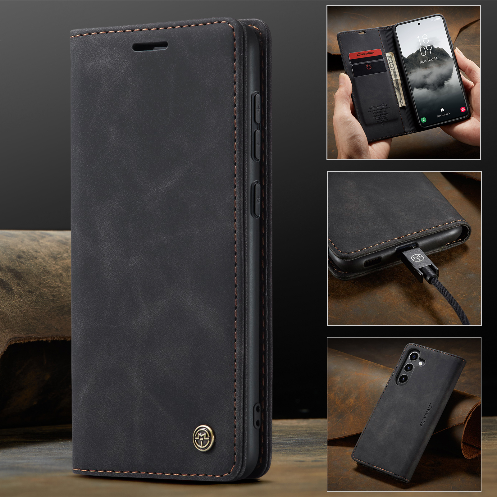 Samsung Galaxy S24 FE Leder Tasche Flip Wallet Etui mit Kartenfächern - Schwarz