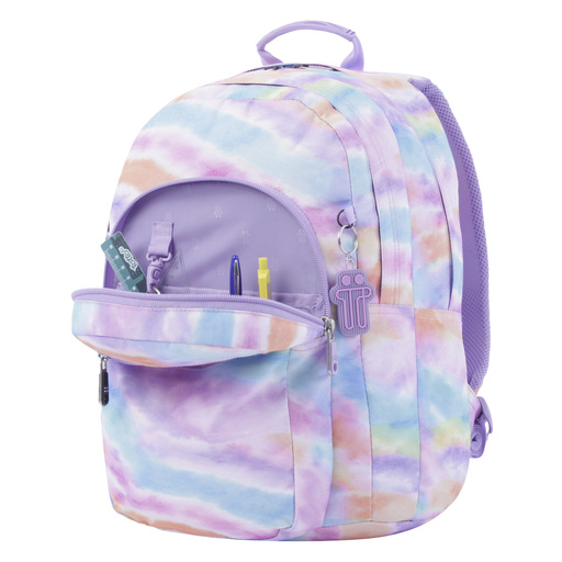 Mochila escolar Totto com estampa pastel e lápis inclusos.