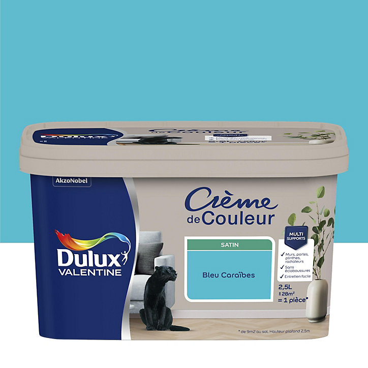 Peinture intérieure couleur Crème De Couleur Dulux Valentine satin bleu caraïbes 2.5L