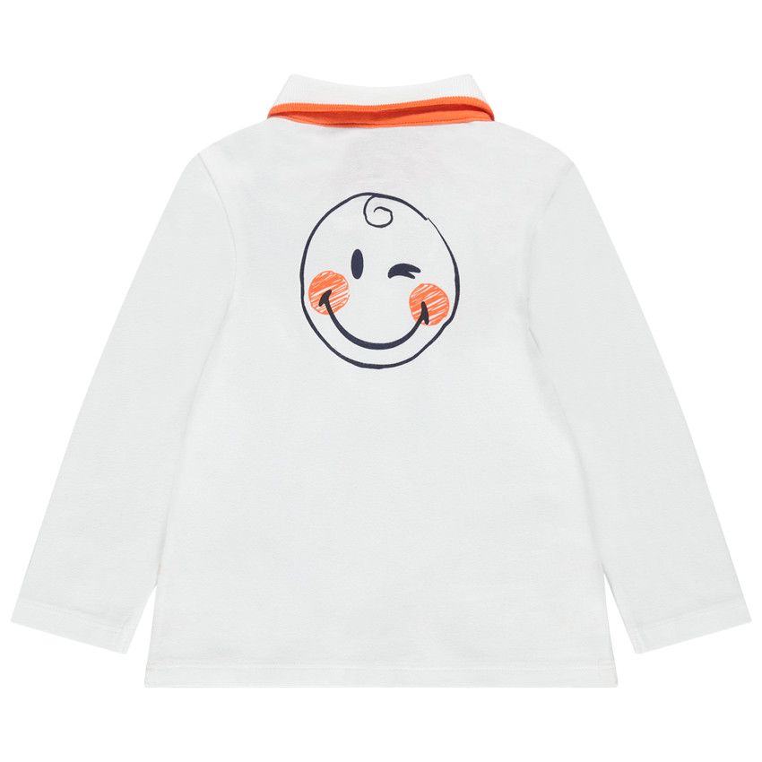 Polo manches longues en coton bio à print et badges Smiley Baby - Blanc