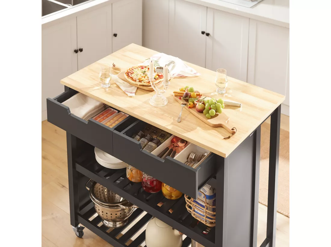 Cuisine Buffet Desserte de Cuisine Table Roulante avec 2 tiroirs et 2 étagères, FKW74-SCH