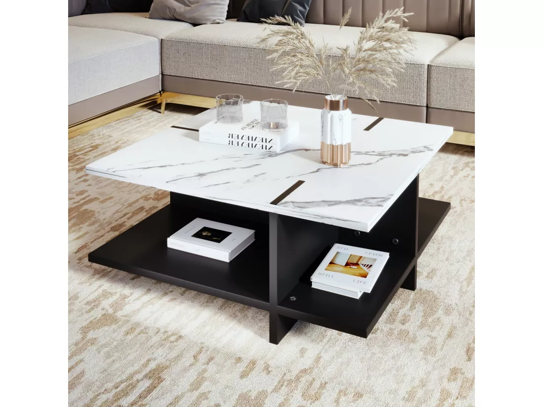 Table basse carrée, look en marbre en MDF, 72x72x31.5cm, Noir+Blanc