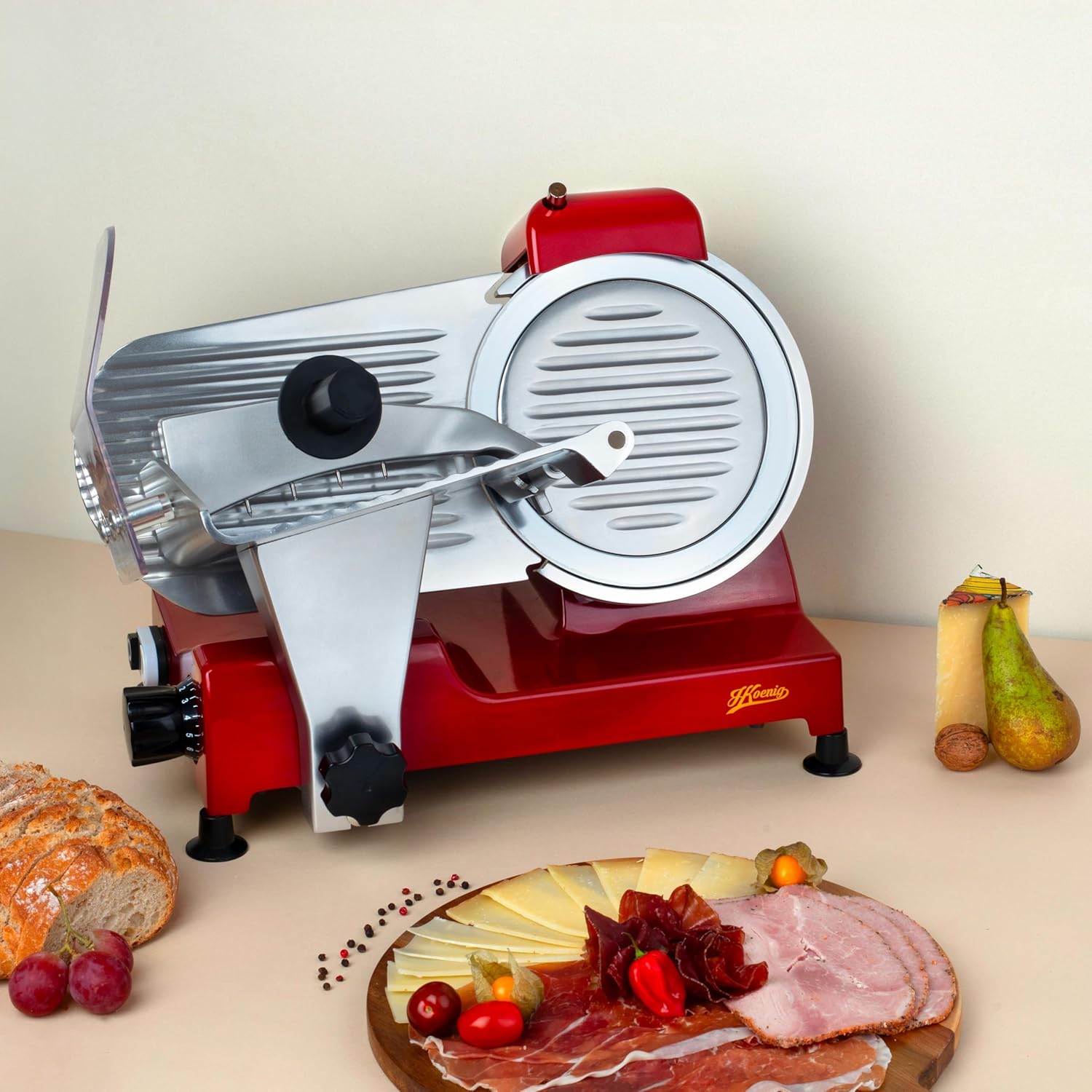 H.Koenig Trancheuse électrique à viande MSX254, charcuterie, professionnelle, précise,coupe 0-12 mm,lame 25 cm,aiguiseur intégré,large plateau,282 rpm, Rouge