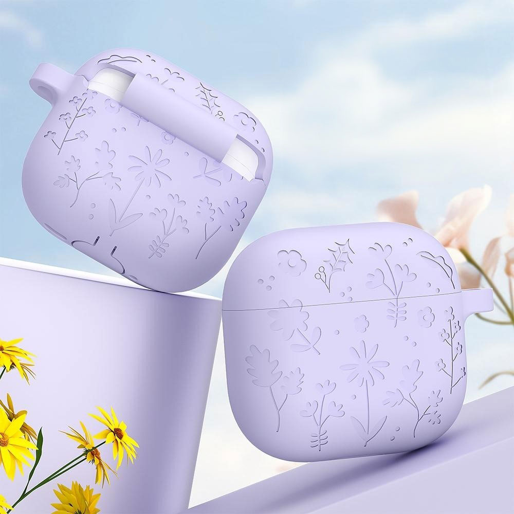 AirPods 4 Silikon Schutzhülle Abdeckung mit Karabinerhaken Blumen Muster - Schwarz