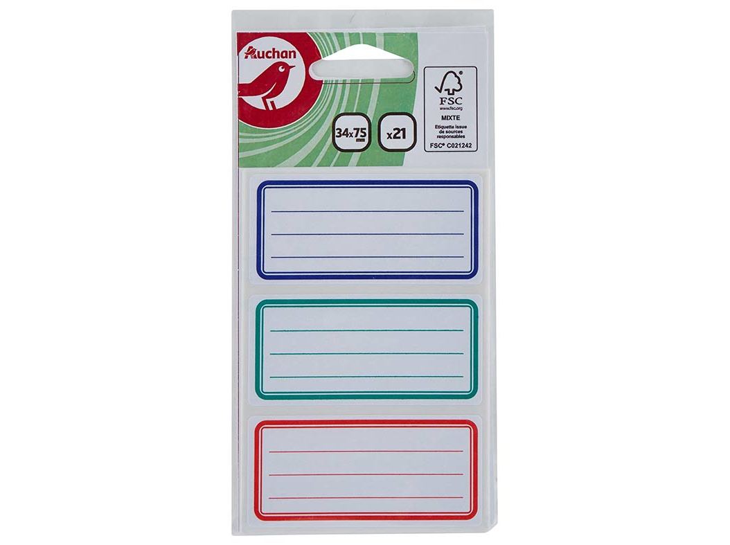ETIQUETA ESCOLAR AUCHAN COM 3 CORES 34X75MM 21 UNIDADES