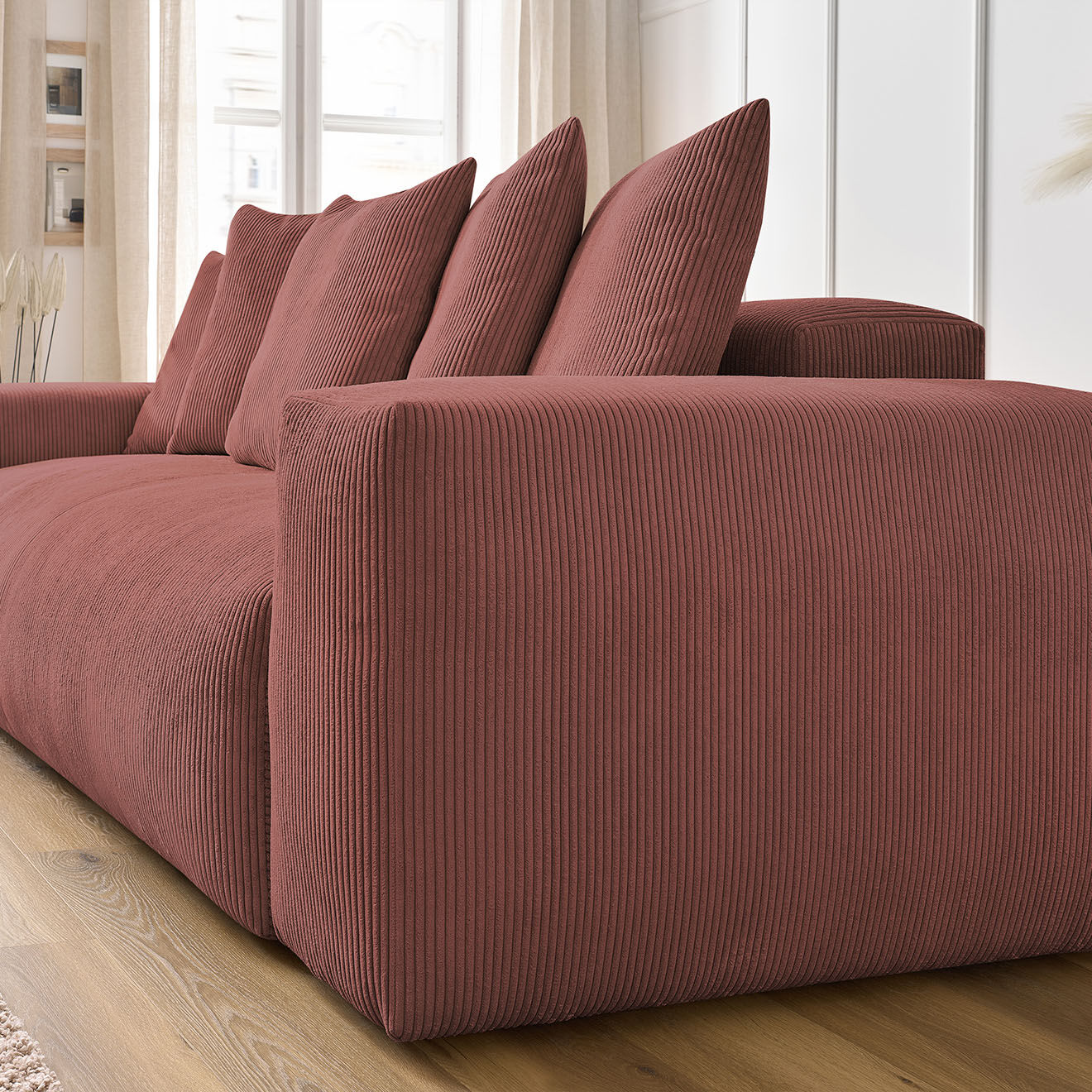 Bobochic Canapé droit fixe 3 places ultra moelleux voltaire velours côtelé rose - 280x124x75 cm