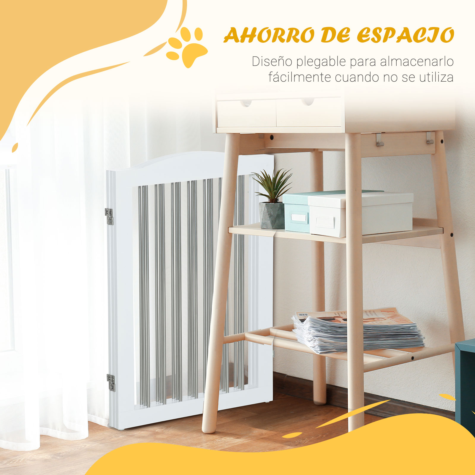 Portão de segurança para cães PawHut para escadas e portas, 154 x 30 x 80 cm, dobrável, com suporte independente para uso interno, branco.