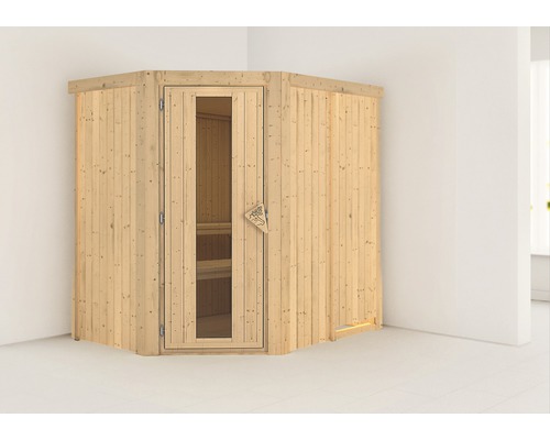Karibu Laja plug & play sauna zonder kachel en dakrand, met houten deur en geïsoleerd glas.