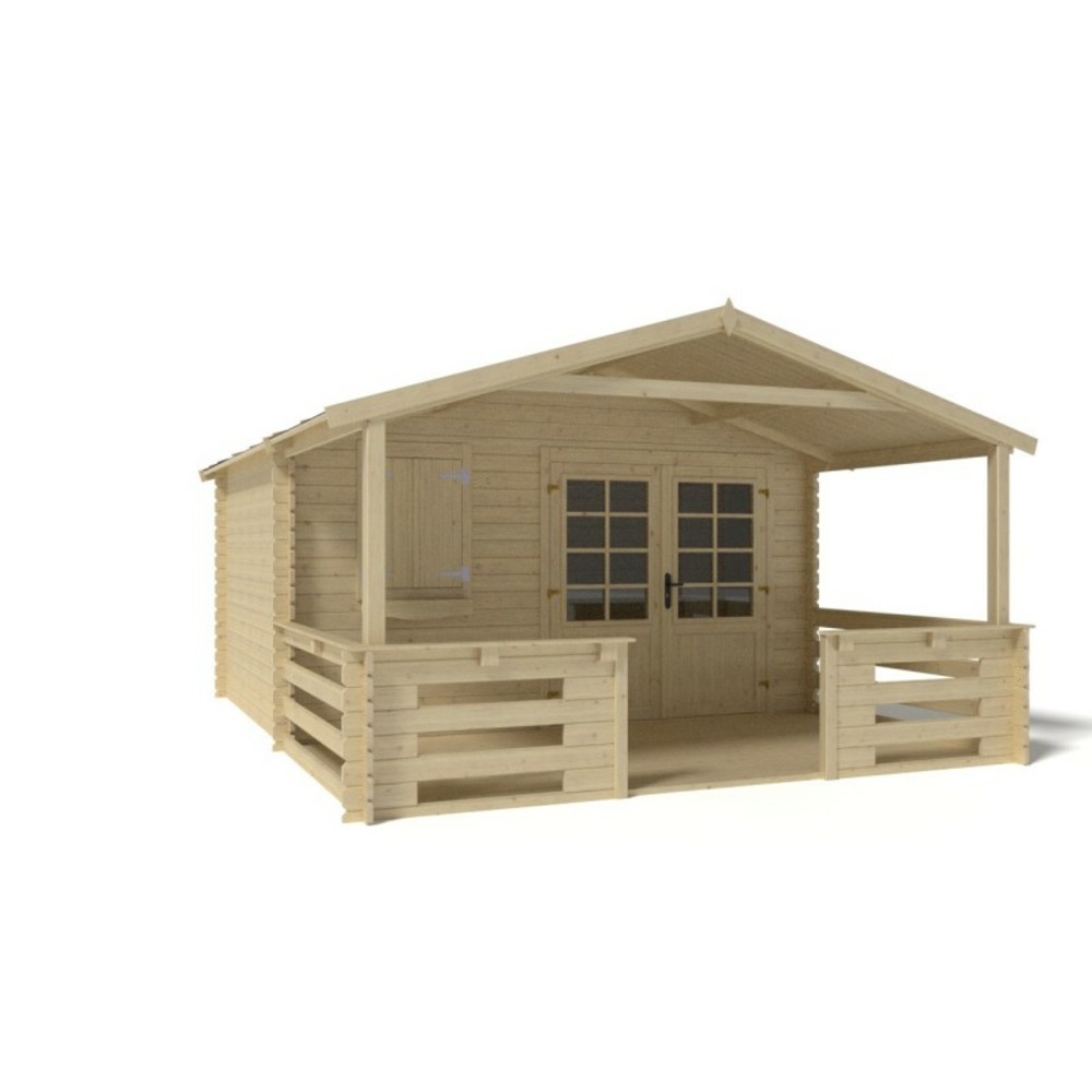 Abri de jardin en bois - 4x3 m - 20 m2 + terrasse avec balustrade et avant-toit en bois