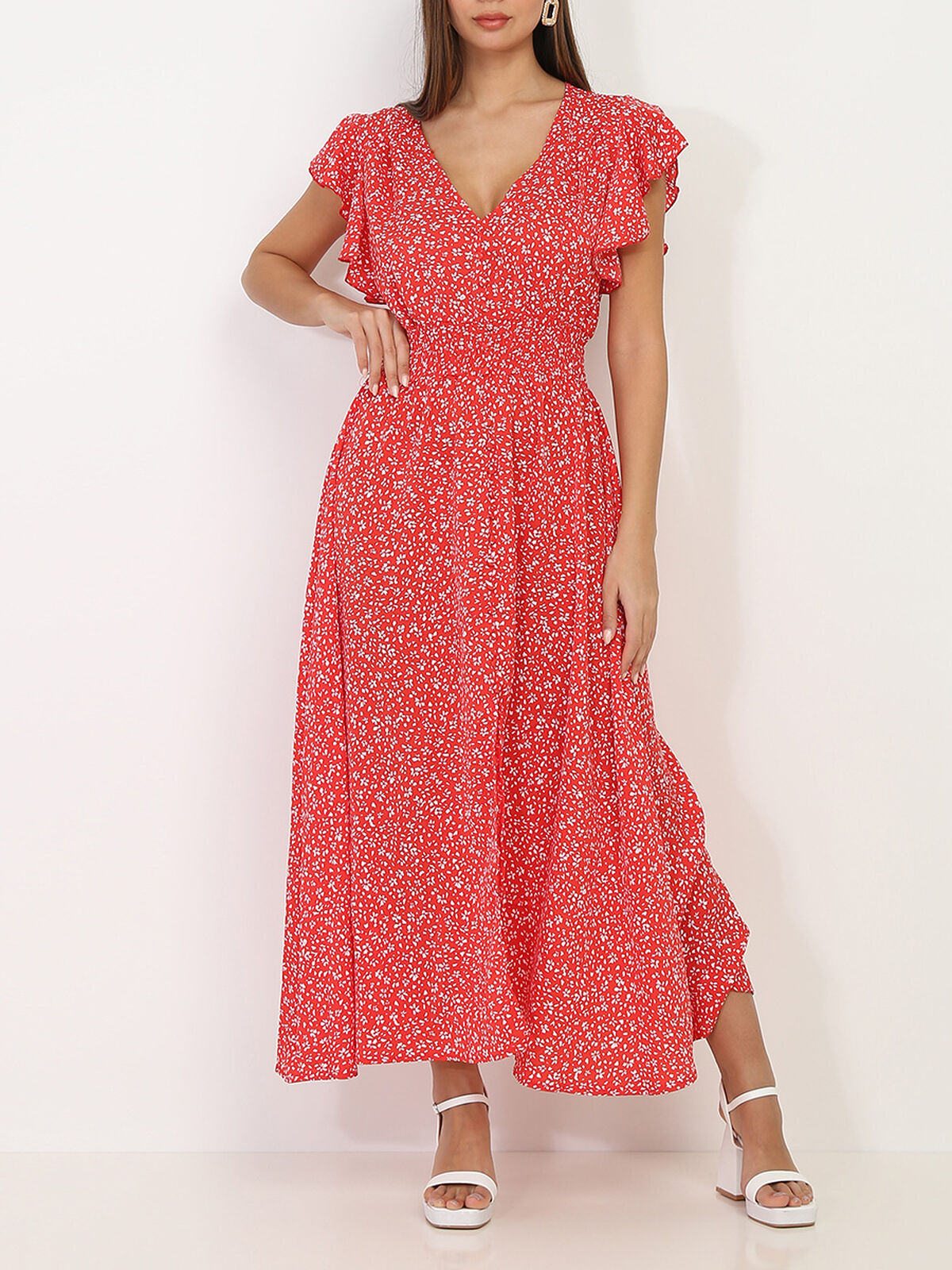 Robe longue fleurie à volants et fente- Rouge