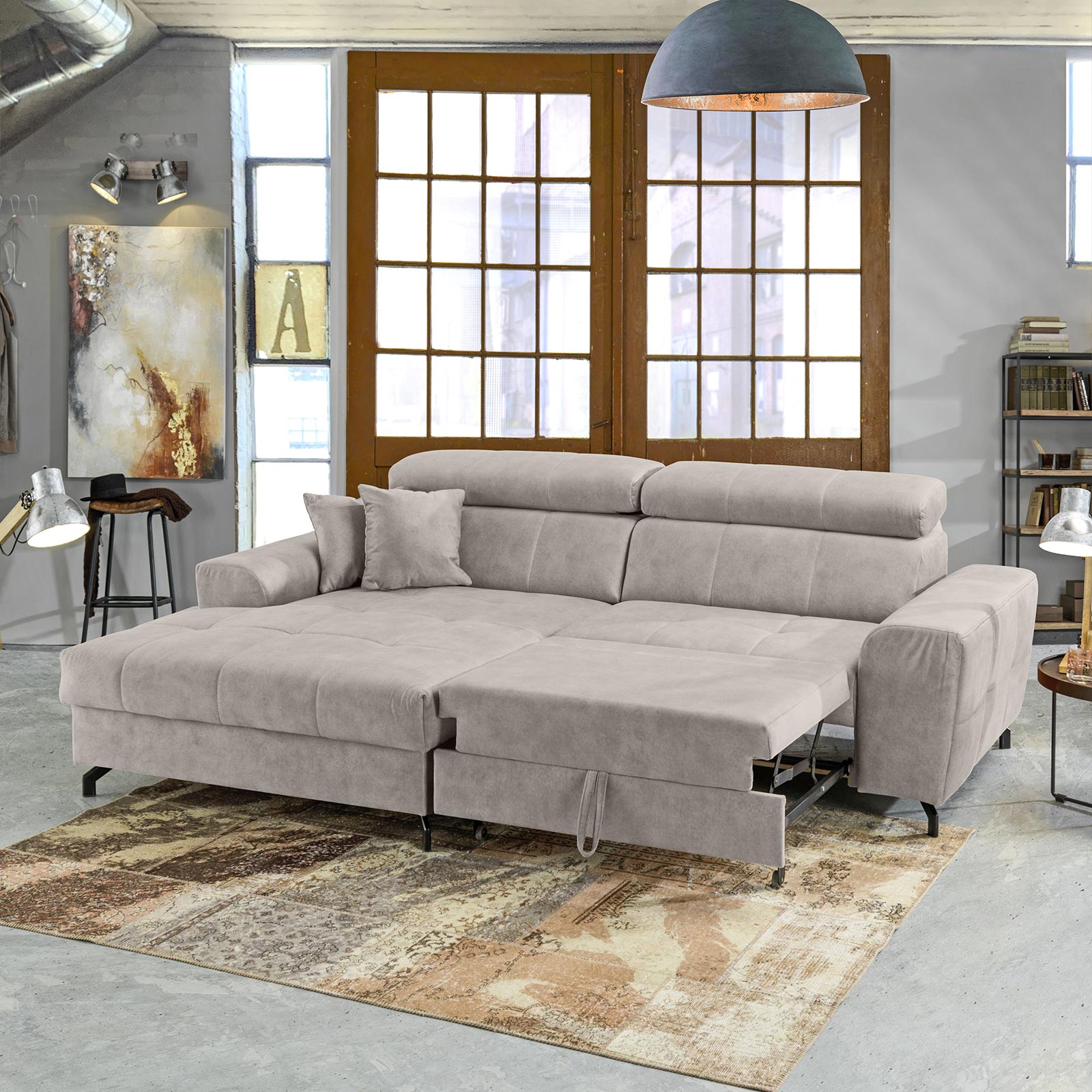 Ecksofa - beige - Samt - mit Liegefunktion - Recamiere links