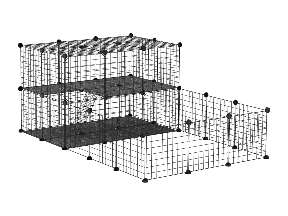Cage parc enclos rongeurs modulable dim. L 175 x l 105 x H 70 cm 2 niveaux 2 portes rampe résine PP fil métallique noir
