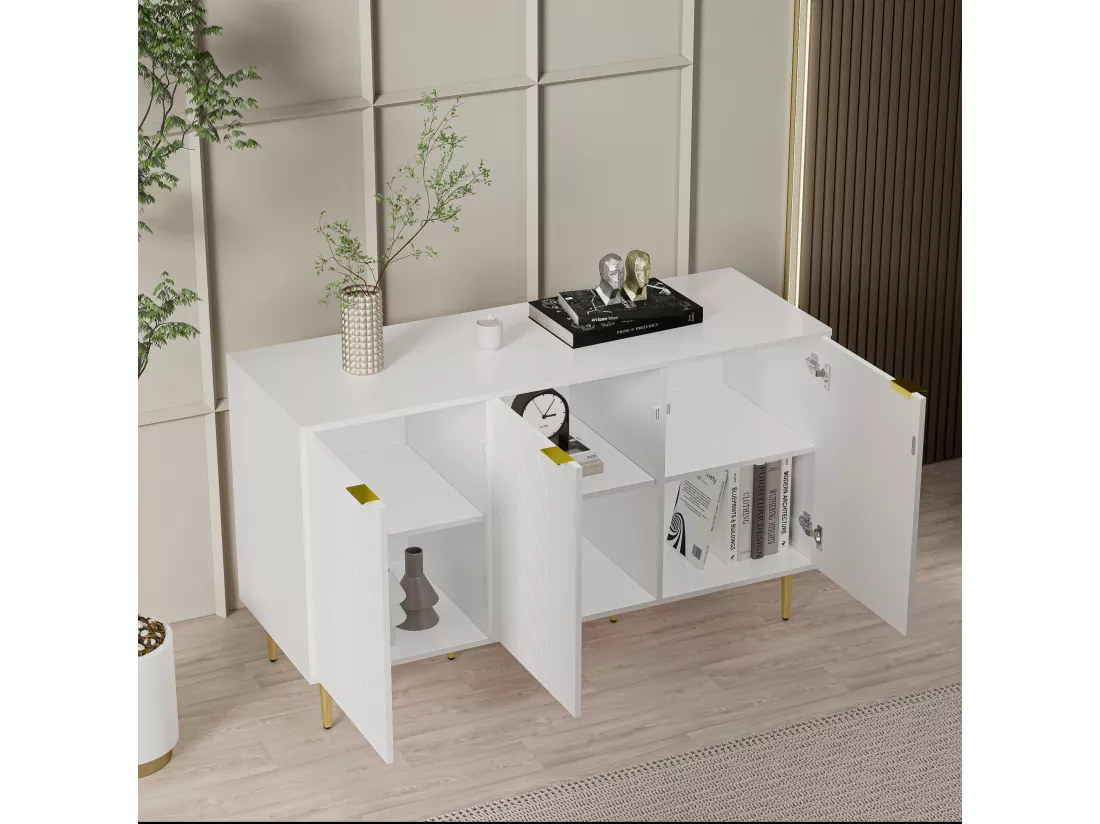 Buffet moderne avec pieds et poignées dorés, coins arrondis, 127l*45p*75h, blanc