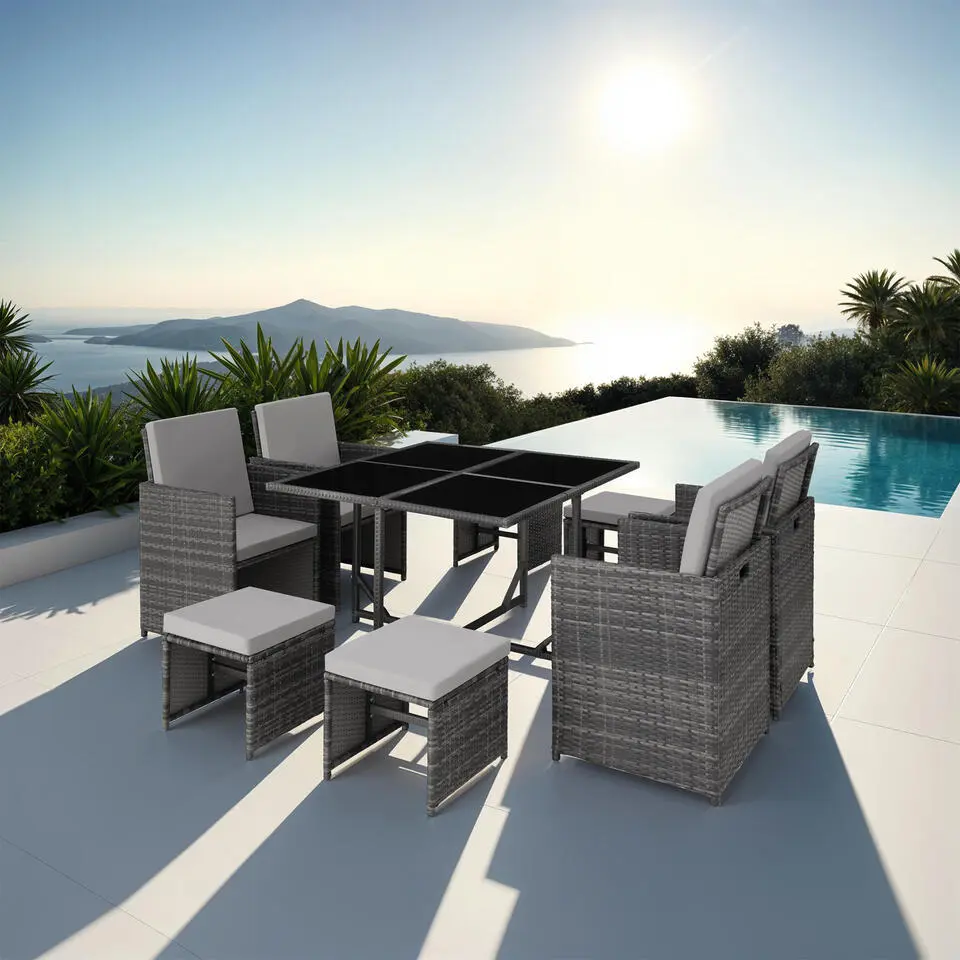 tectake - tuinset Bilbao - wicker - incl. beschermhoes - grijs