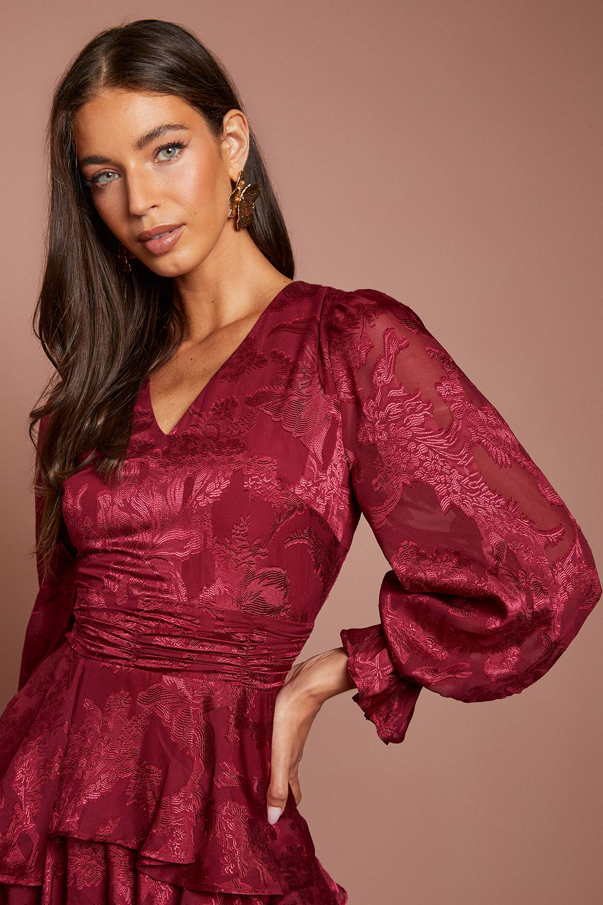 Coast Robe Midi À Manches Bouffantes Étagées En Satin Jacquard