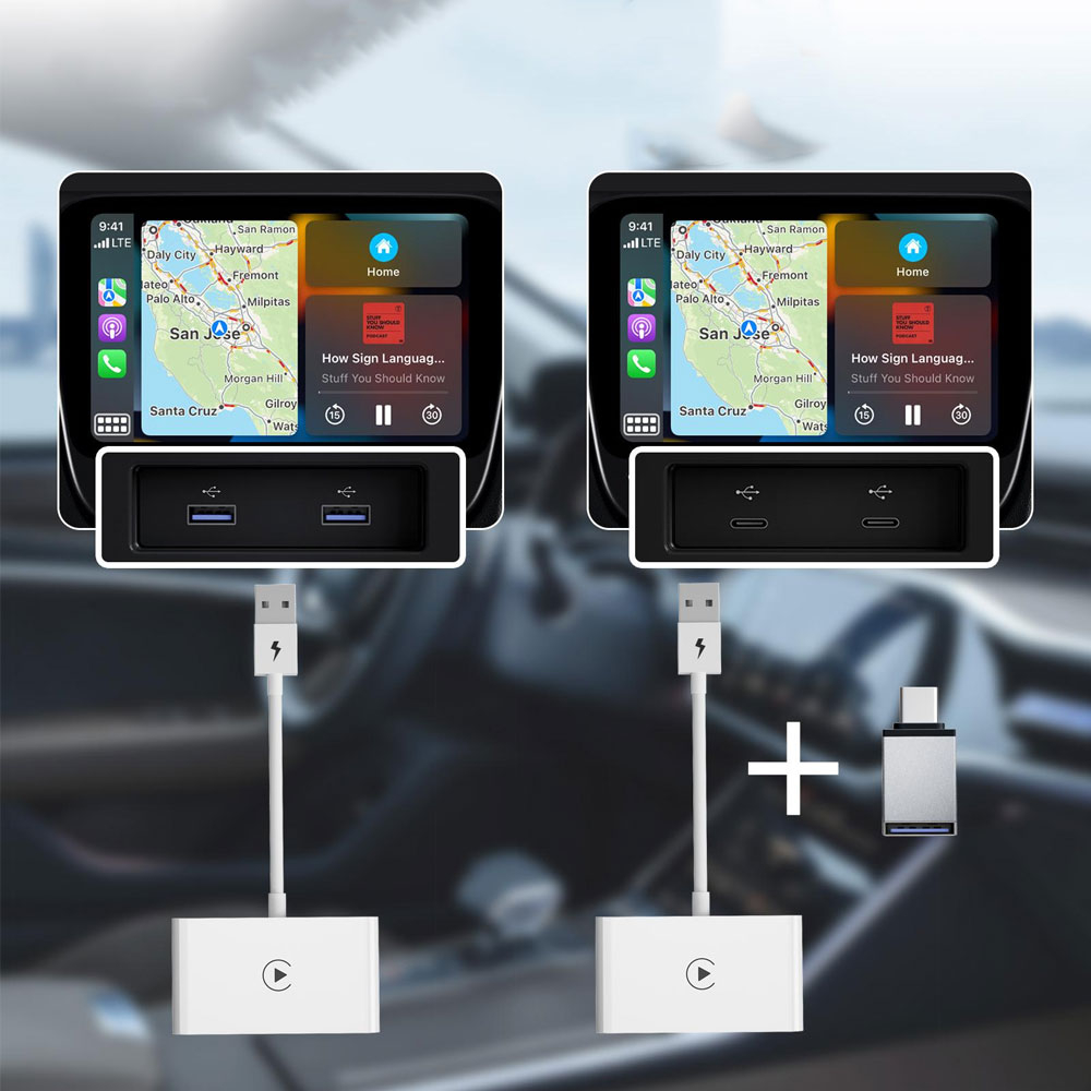 Bluetooth Apple Carplay Auto KFZ USB A Adapter mit USB C Aufsatz für Apple iOS Smartphones (Siri) - Weiss