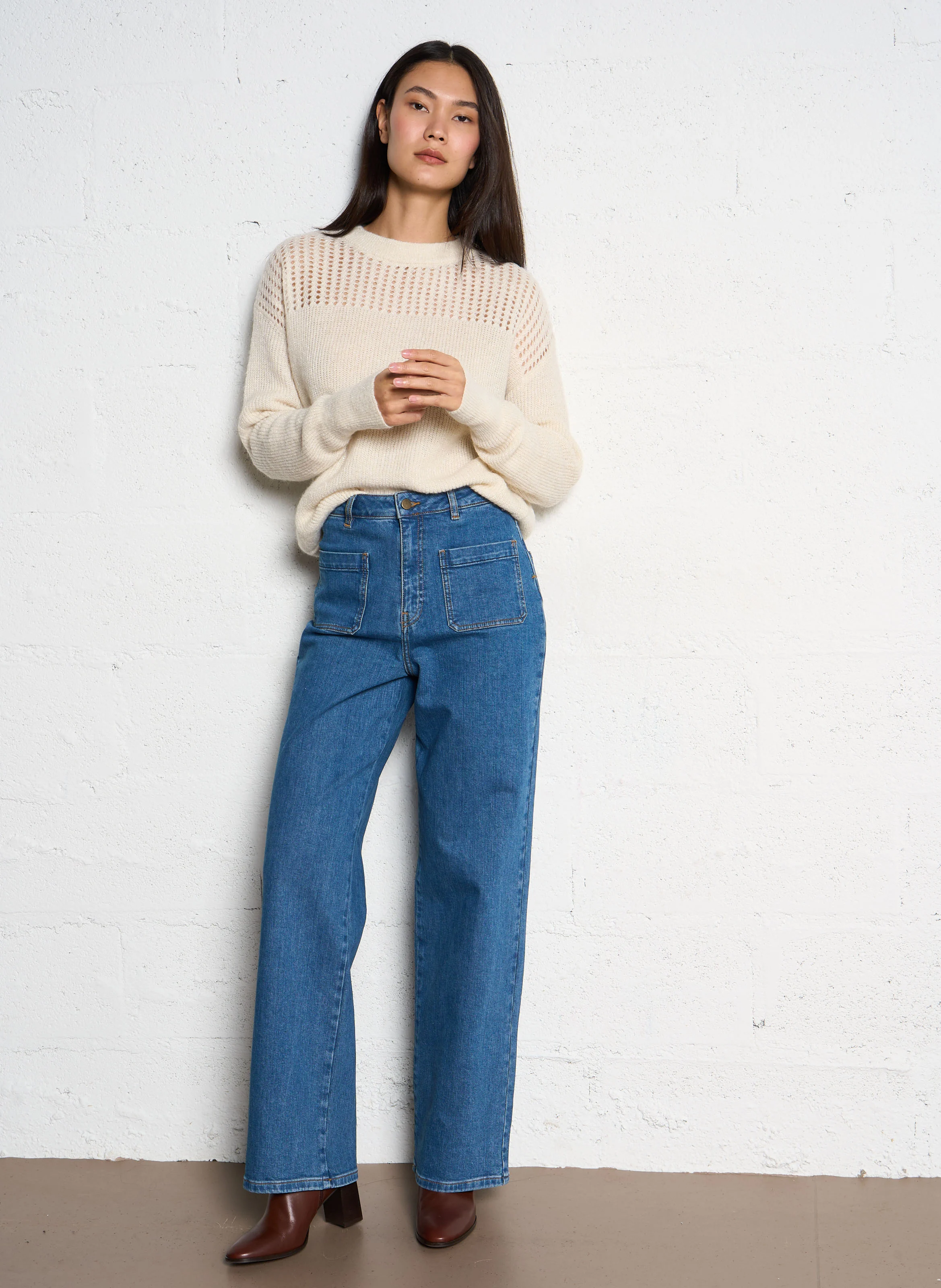 MESSINA - Pull col rond détails ajourés | Beige