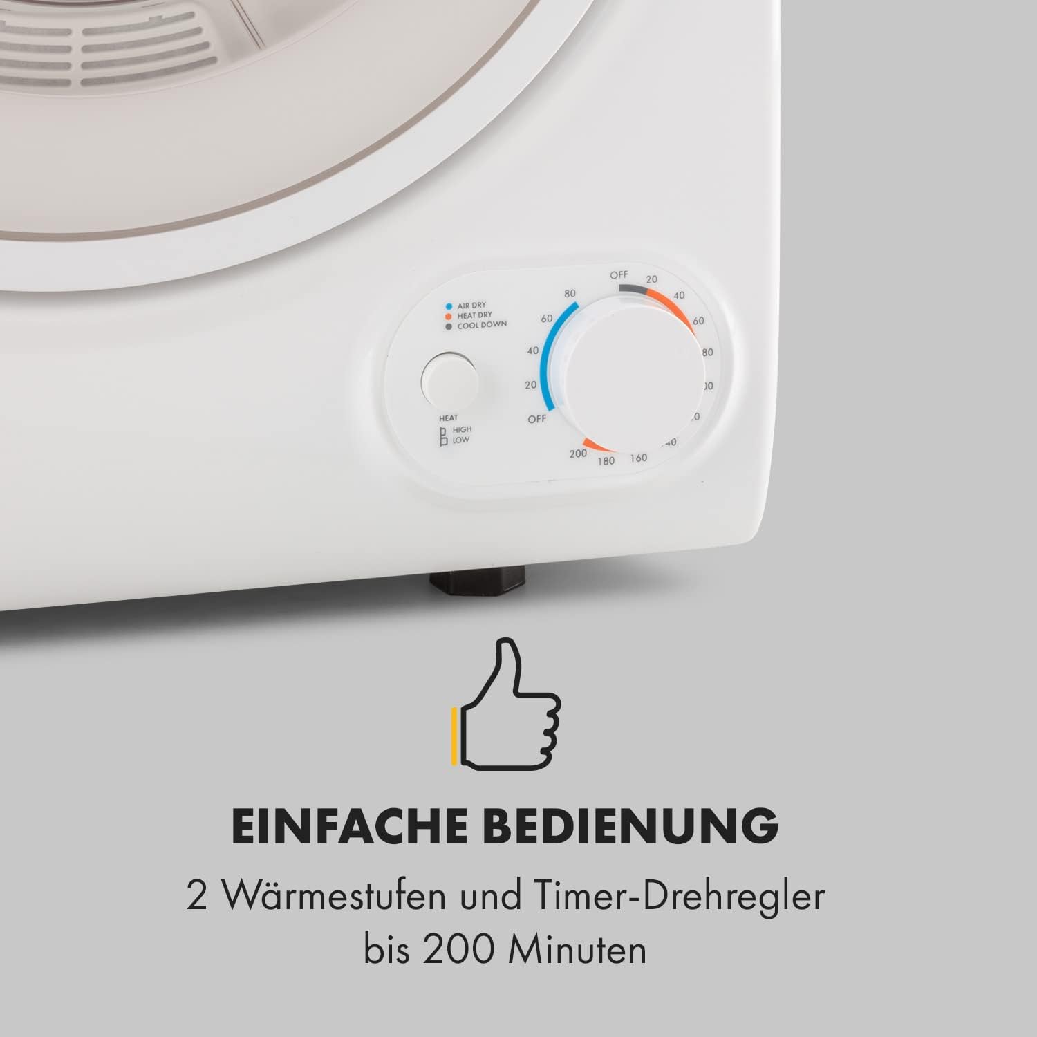 Klarstein Jet Set 2500 - Wäschetrockner, Ablufttrockner, Frontlader, 850 W, freistehend/Unterbau, EEK C, 2,5 kg, PTC-Heizelement, Wärmewahl bis 60 °C, Timer 20 bis 200 Minuten, Kompakt, weiß